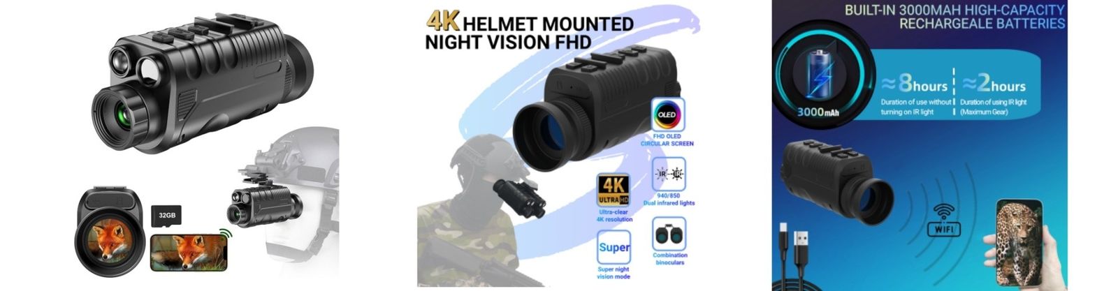 4k Night Vision Binoculars Goggles Helmet Dual Infrared 850NM 940NM Switchable 3W